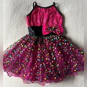 A Curtain Call Pink Polka Dot Party Dance Costume Dress with Sequin Bow, Child M